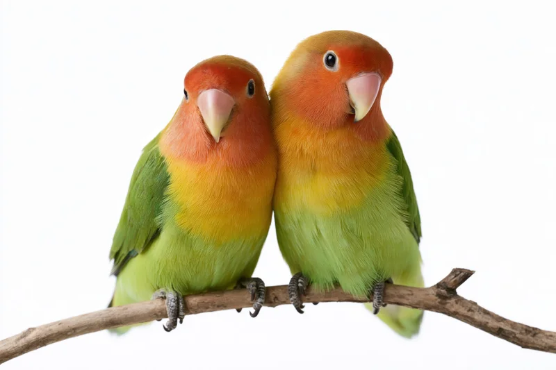 Two fischer lovebirds perched side by side on a wooden branch against white background