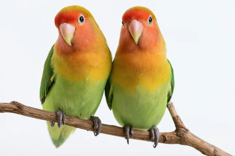 Two fischer lovebirds perched side by side on a wooden branch against white background