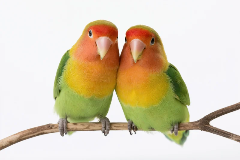 Two fischer lovebirds perched side by side on a wooden branch against white background