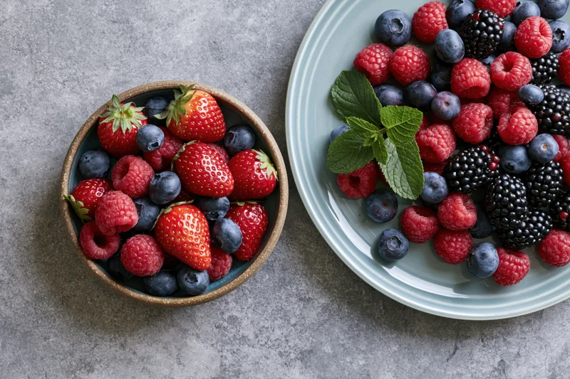 Mixed fresh berries in ceramic bowl and plate on gray stone surface