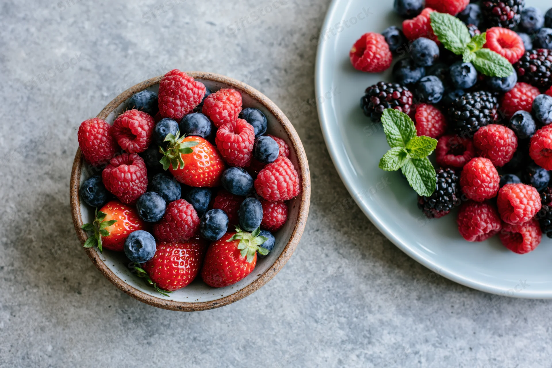 Mixed fresh berries in a ceramic bowl and on a plate on a gray stone surface