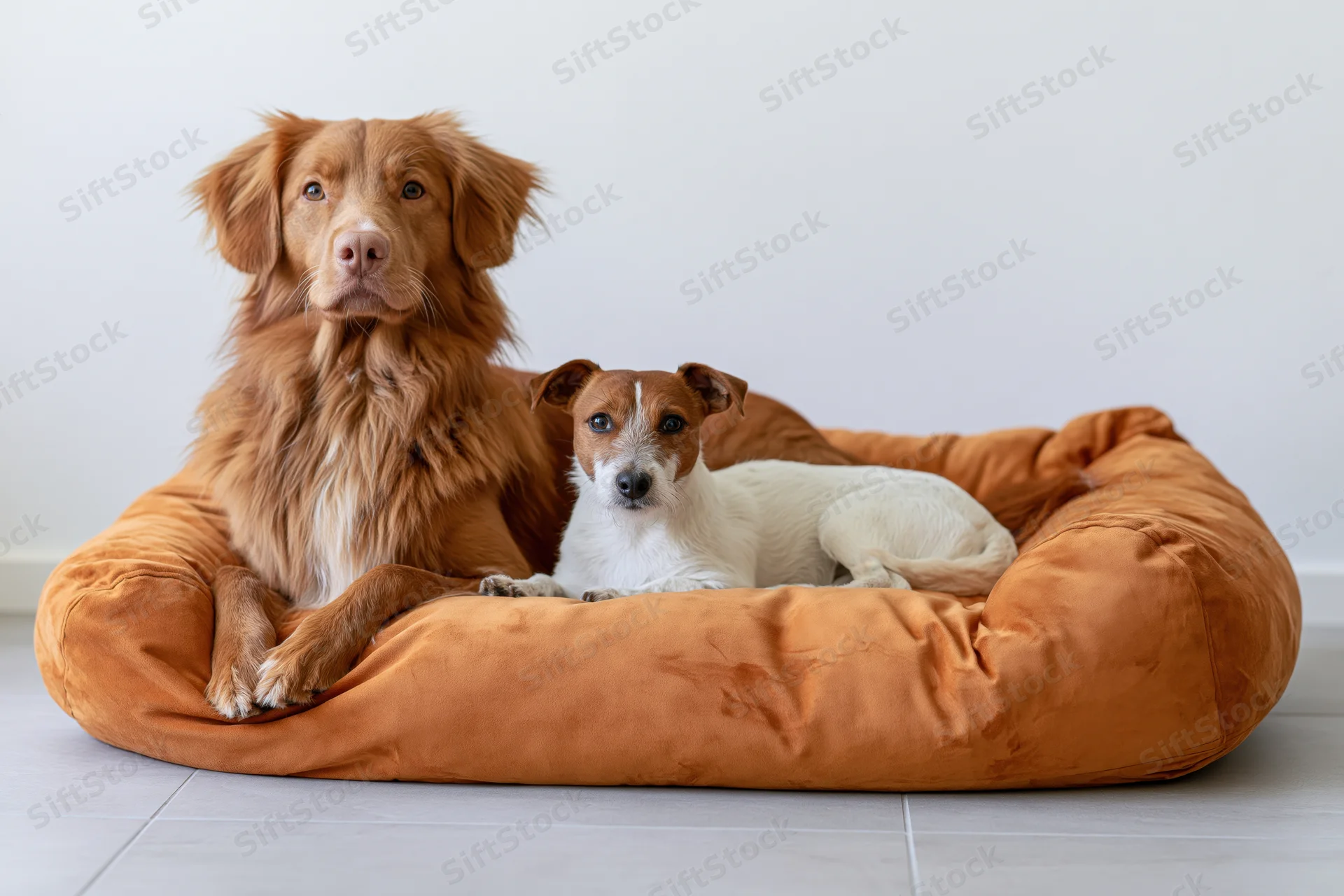 Two dogs resting together in a large amber-orange velvet pet bed on a tiled floor against a white wall