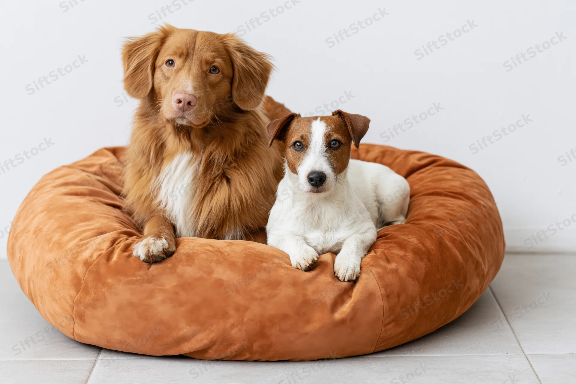Two dogs resting together on a plush amber-orange velvet pet bed in a bright indoor space