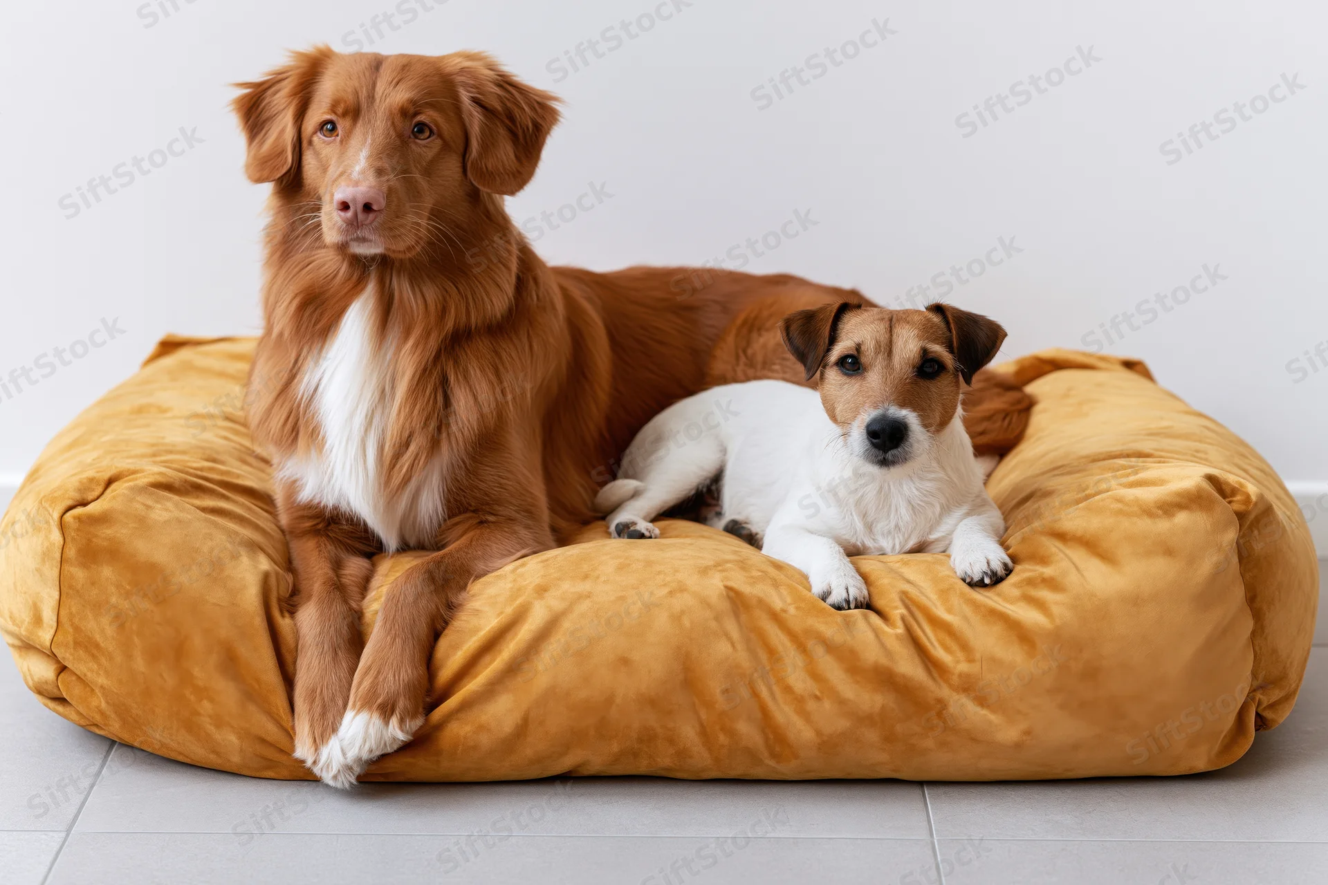 Two dogs resting together on a large amber-orange velvet pet bed in a home interior