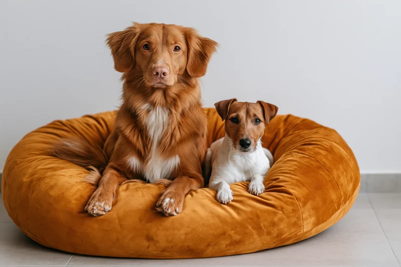 Two dogs resting together on a large amber-orange velvet pet bed in a bright indoor space