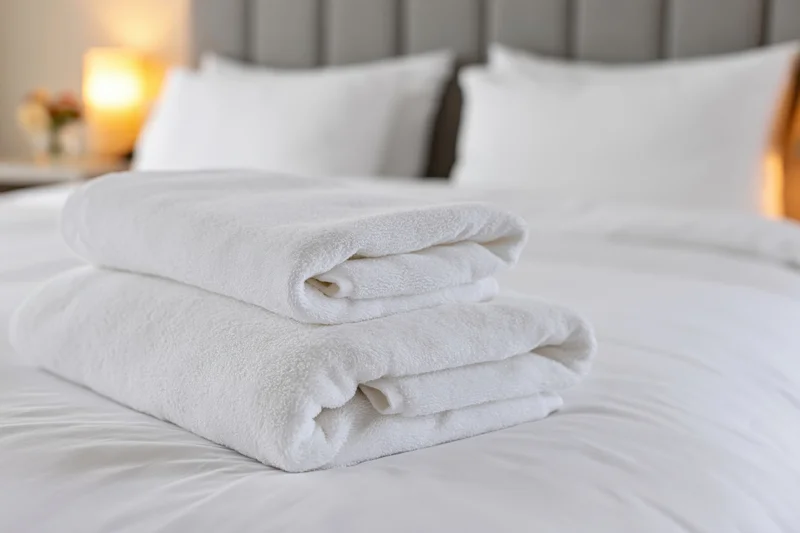 Two folded white towels stacked on a made hotel bed with pillows and soft lighting