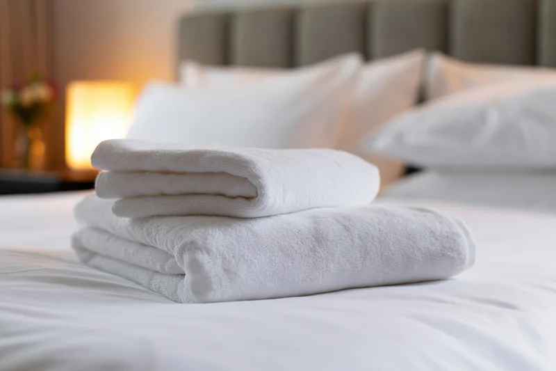 Folded white towels stacked on a made hotel bed with soft lighting and pillows in background