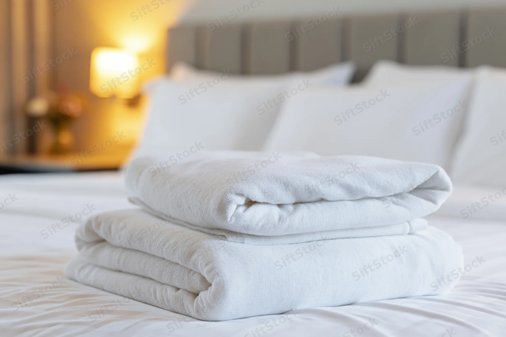 Folded white towels stacked on a made hotel bed with pillows and lamp in background