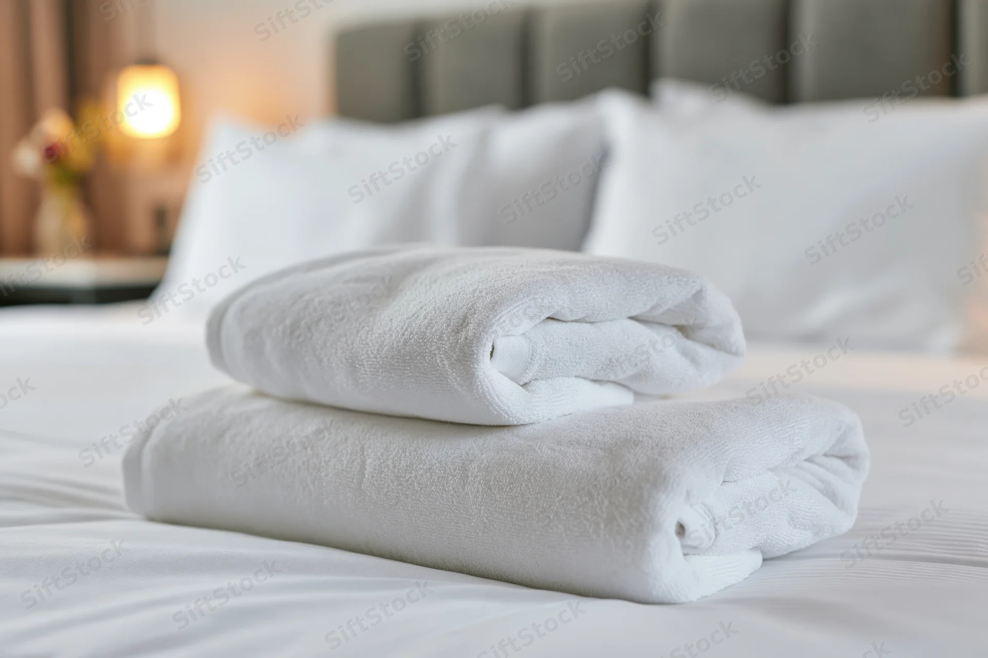 Two folded white towels stacked on a made hotel bed with pillows and headboard in background
