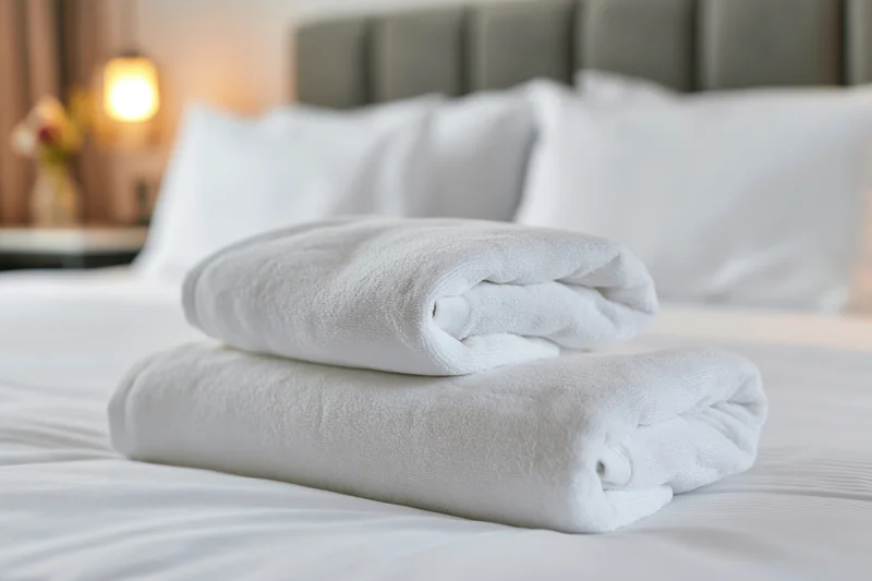 Two folded white towels stacked on a made hotel bed with pillows and headboard in background