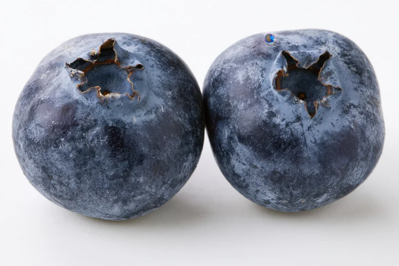 Two fresh blueberries side by side in extreme closeup on white background