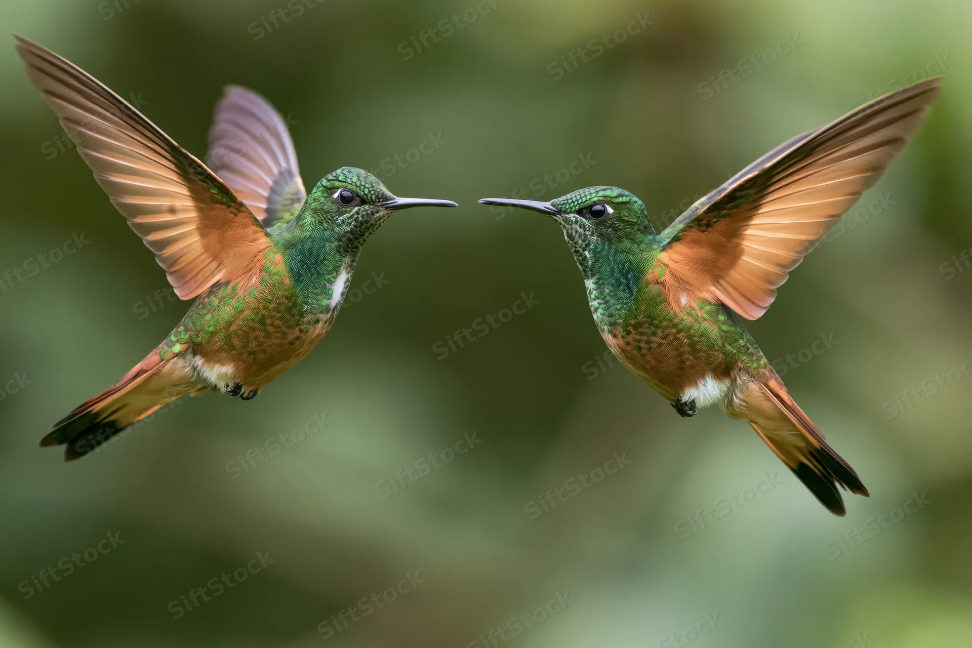 Two hummingbirds hovering midair facing each other in a natural setting