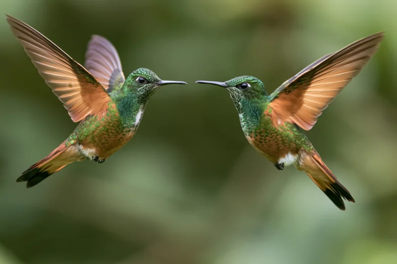 Two hummingbirds hovering midair facing each other in a natural setting