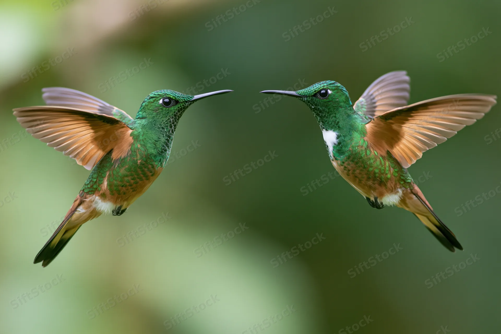 Two green-and-copper hummingbirds hovering midair facing each other in a blurred natural setting