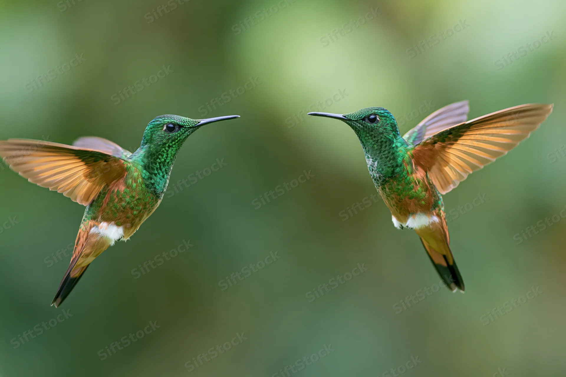 Two green-and-copper hummingbirds hovering midair facing each other in a blurred natural setting