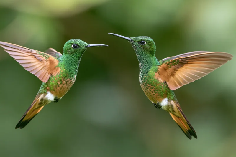 Two green-and-copper hummingbirds hovering midair facing each other in a blurred natural setting