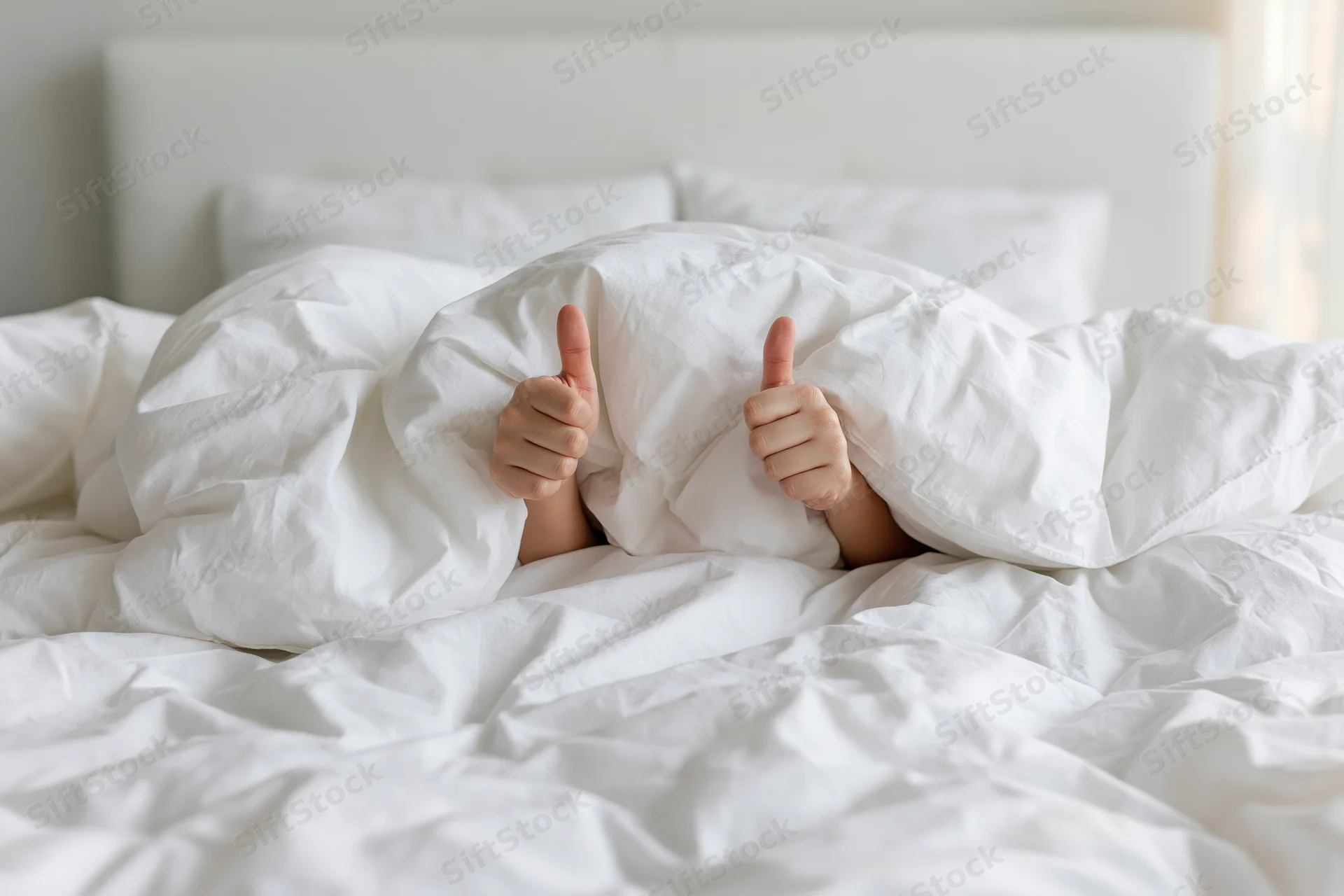 Person under white duvet giving thumbs up in bed