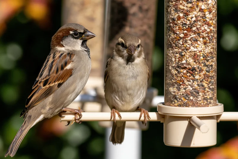 Two house sparrows perched on a plastic tube bird feeder filled with seed in a garden setting