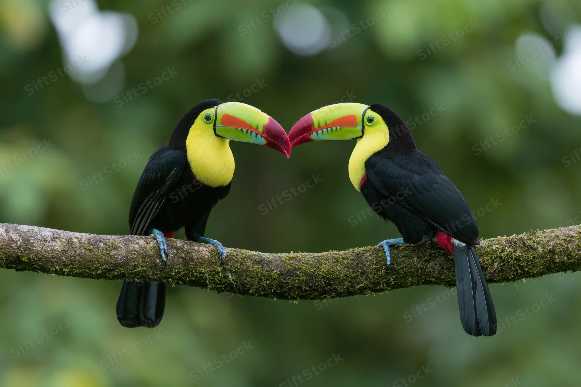 Two keel-billed toucans perched facing each other on a mossy branch in a lush green forest