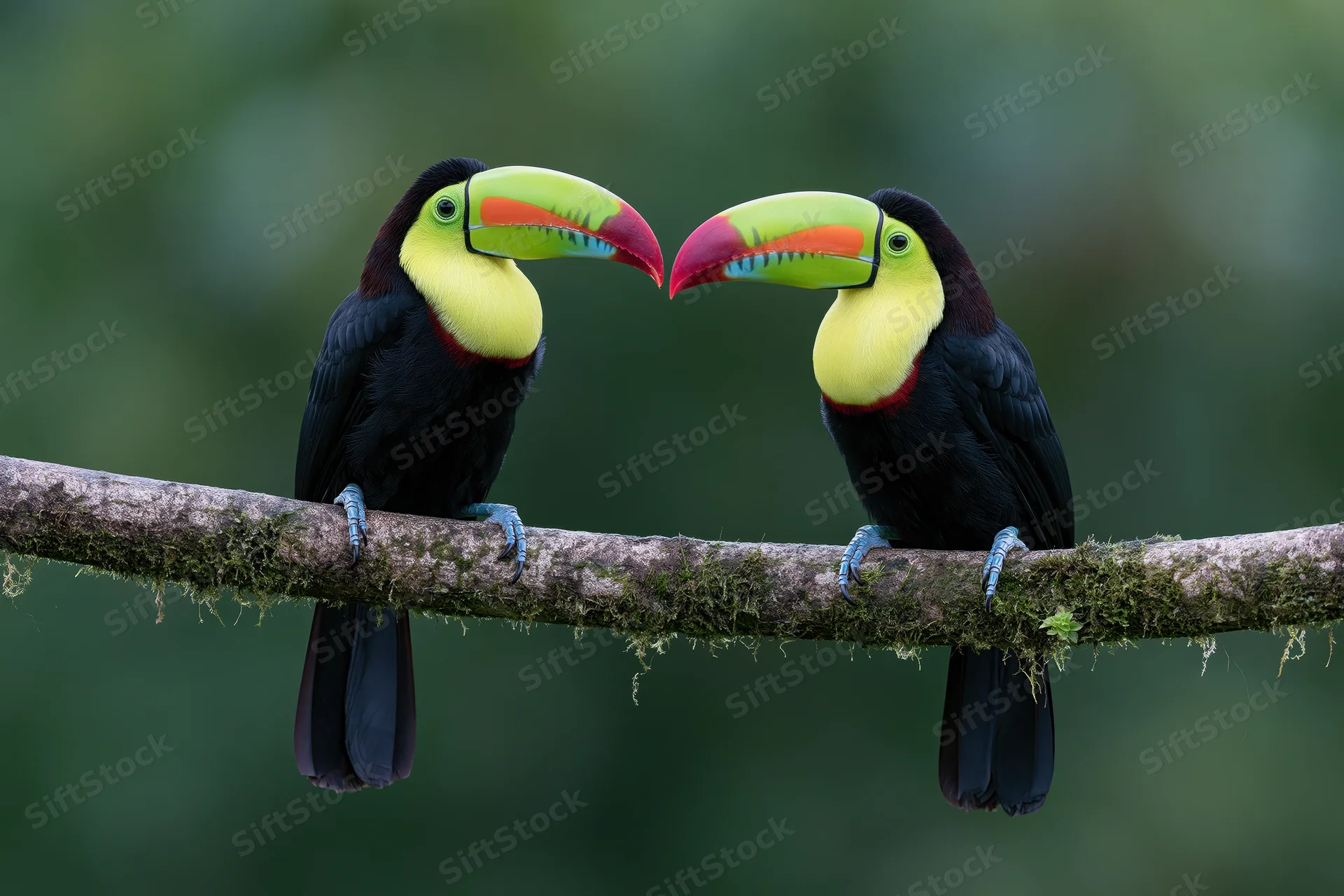 Two keel-billed toucans perched facing each other on a mossy branch in a rainforest