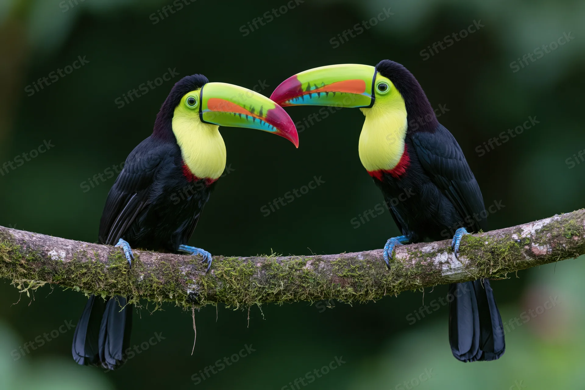 Two keel-billed toucans perched side by side on a mossy branch in a tropical forest
