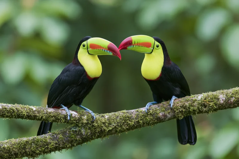 Two keel-billed toucans perched side by side on a mossy branch in a lush rainforest