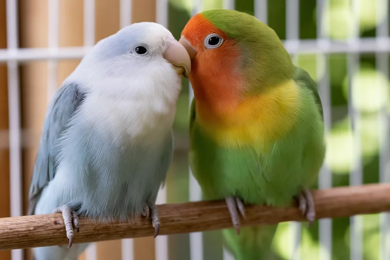 Two lovebirds nuzzling beaks while perched on a wooden branch inside a cage