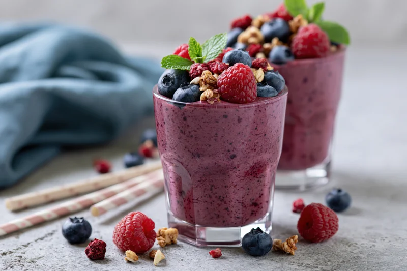Two glasses of thick mixed berry smoothie topped with fresh berries, mint, and walnuts on a countertop