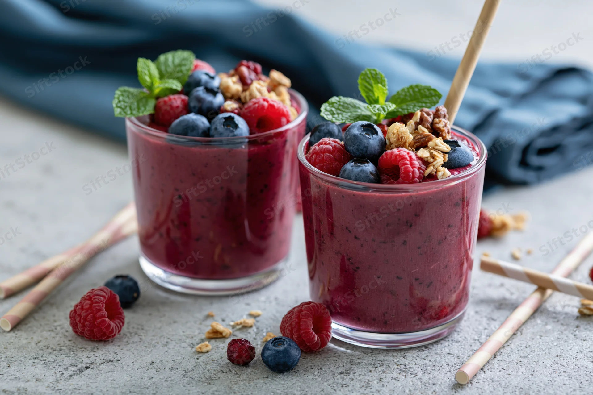 Two glasses of thick mixed berry smoothie topped with fresh berries, granola, and mint on a concrete countertop