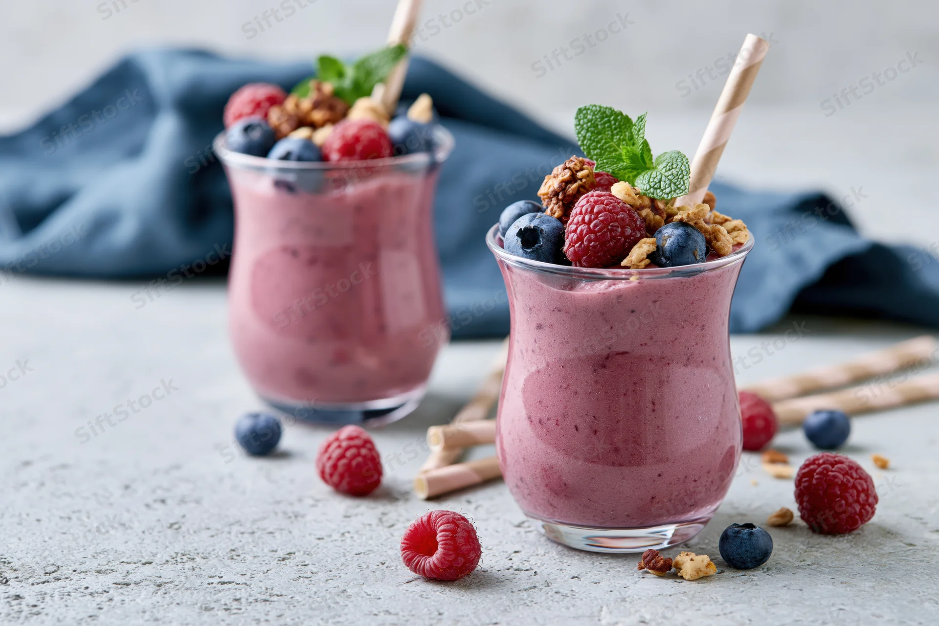 Two glasses of mixed berry smoothie topped with fruit and granola on a light countertop