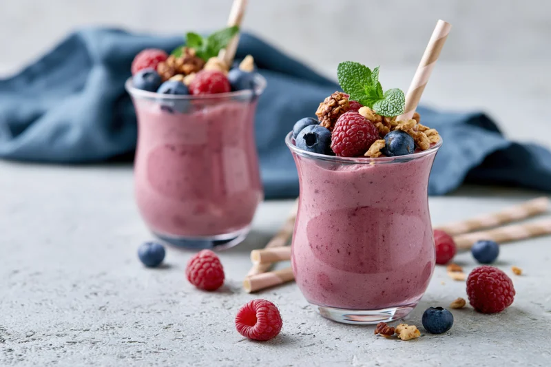 Two glasses of mixed berry smoothie topped with fruit and granola on a light countertop