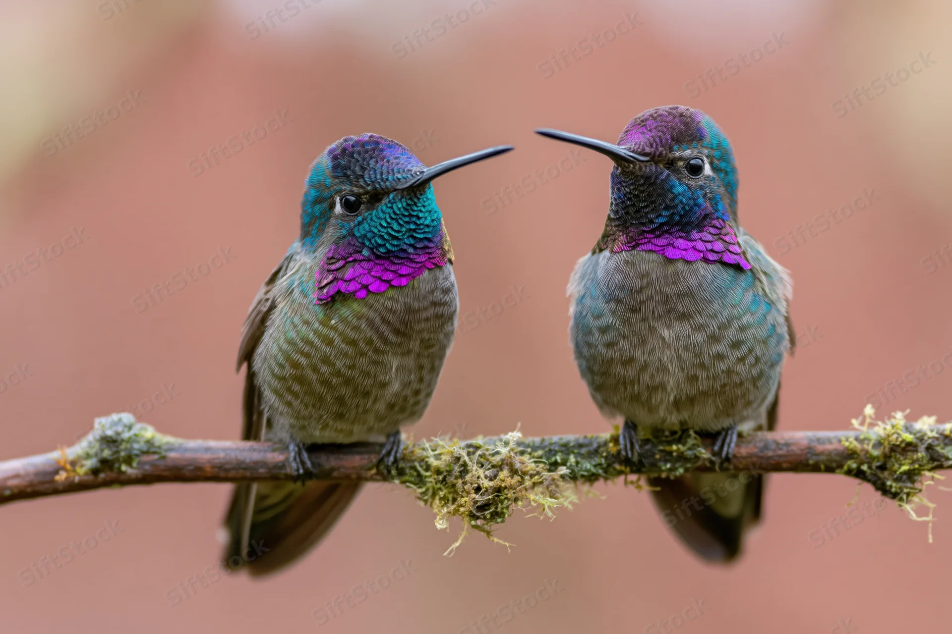 Two hummingbirds perched side by side on a mossy branch in a tropical setting