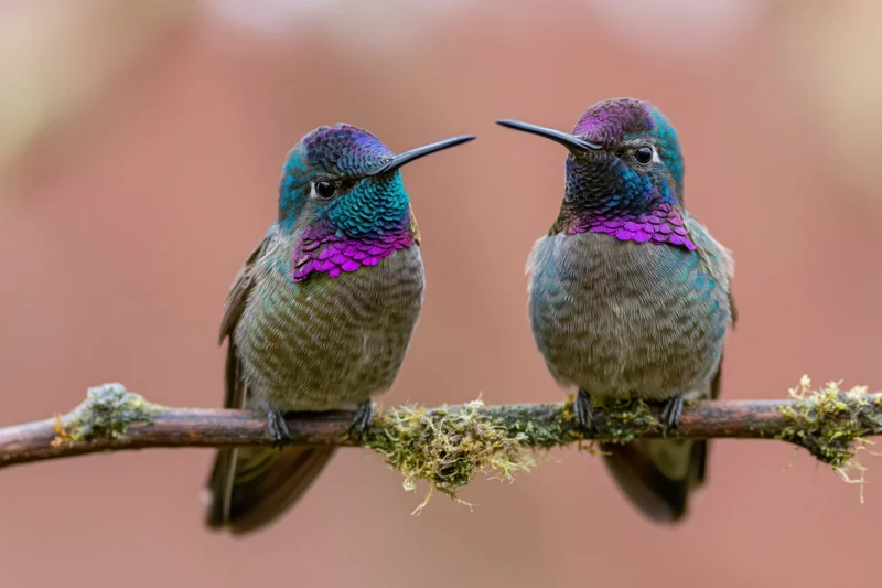 Two hummingbirds perched side by side on a mossy branch in a tropical setting