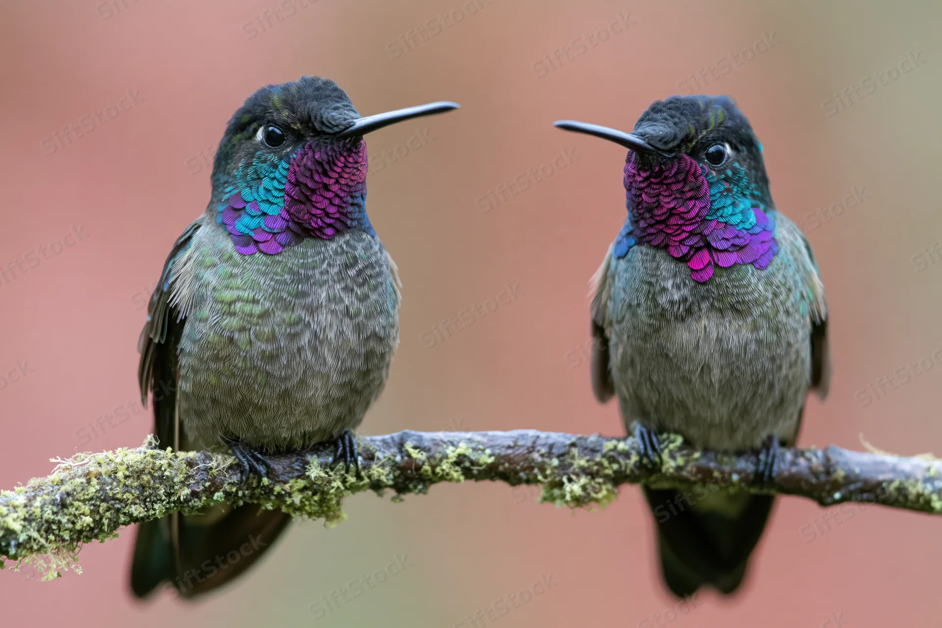Two hummingbirds perched side by side on a mossy branch
