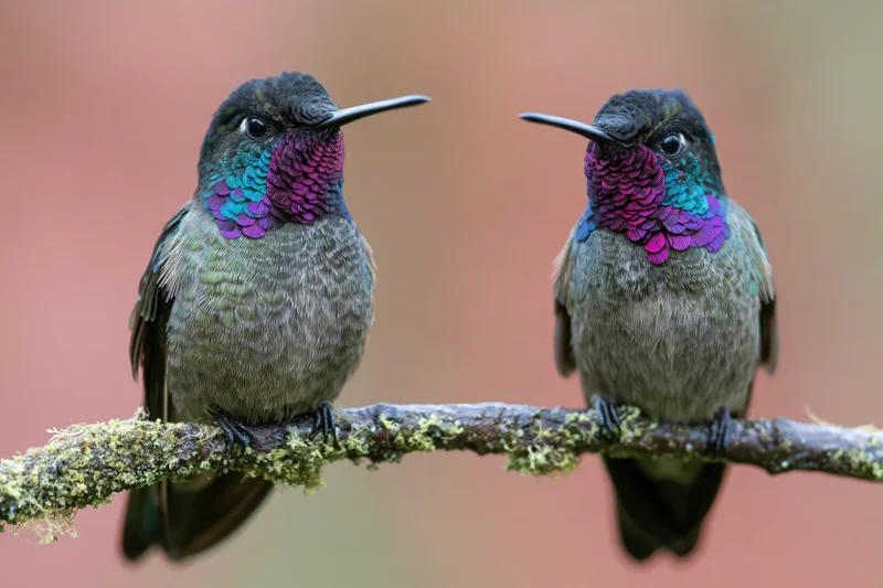 Two hummingbirds perched side by side on a mossy branch