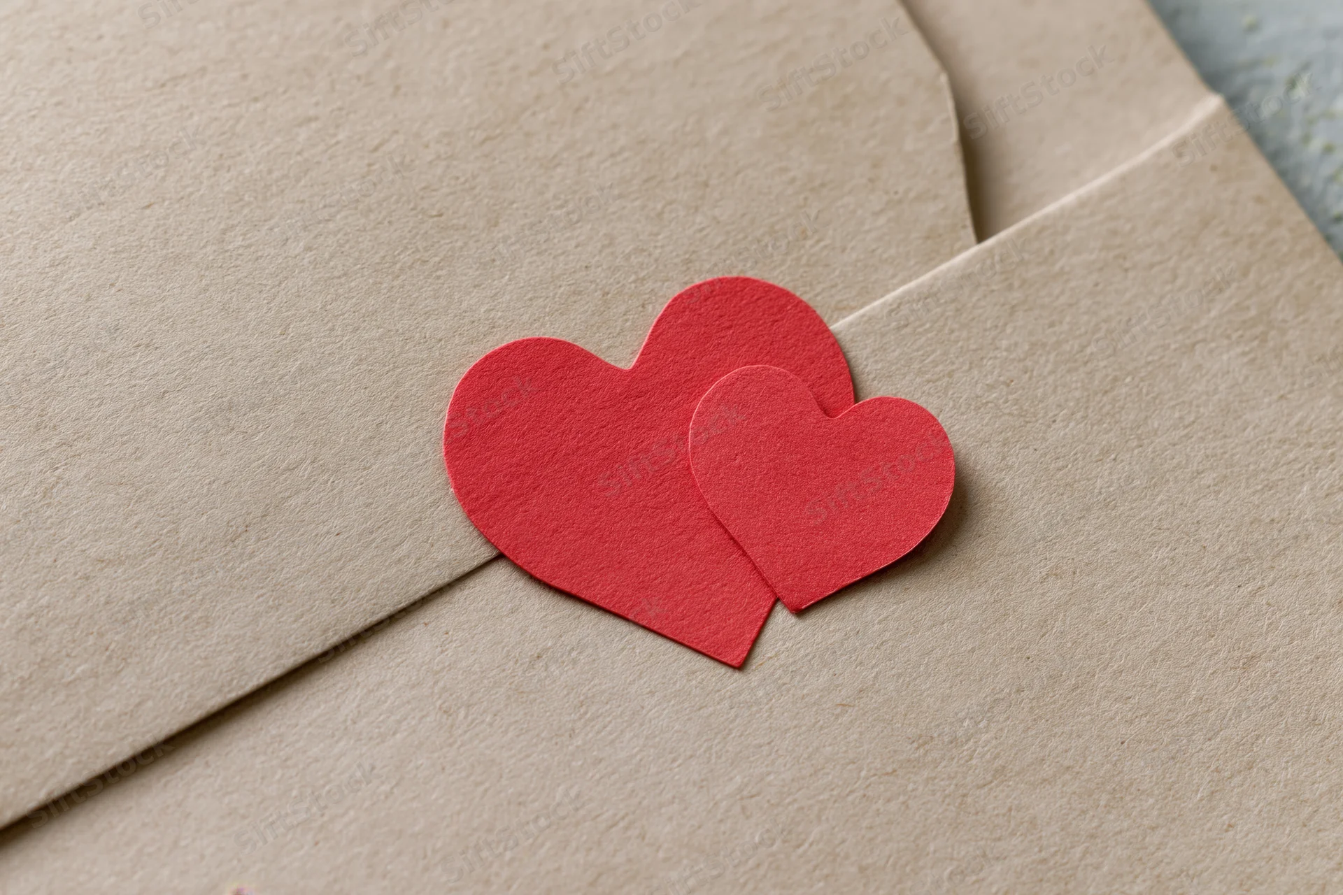 Two red paper hearts resting on a kraft envelope surface