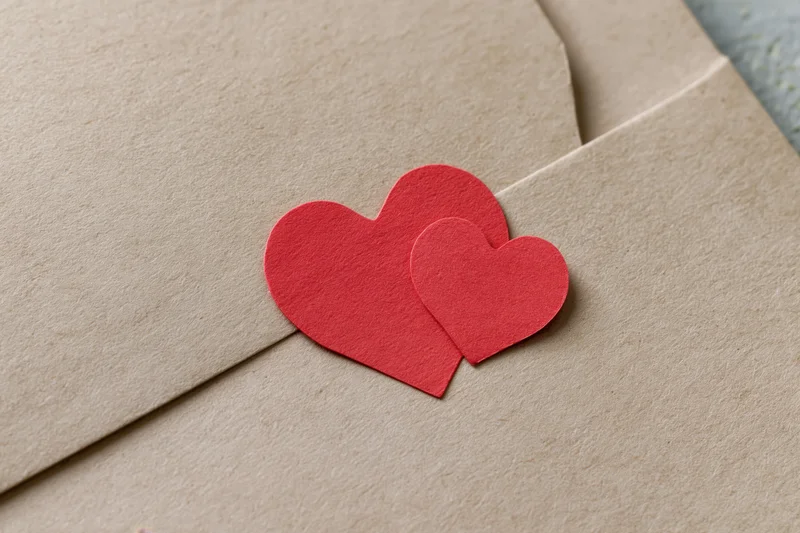 Two red paper hearts resting on a kraft envelope surface