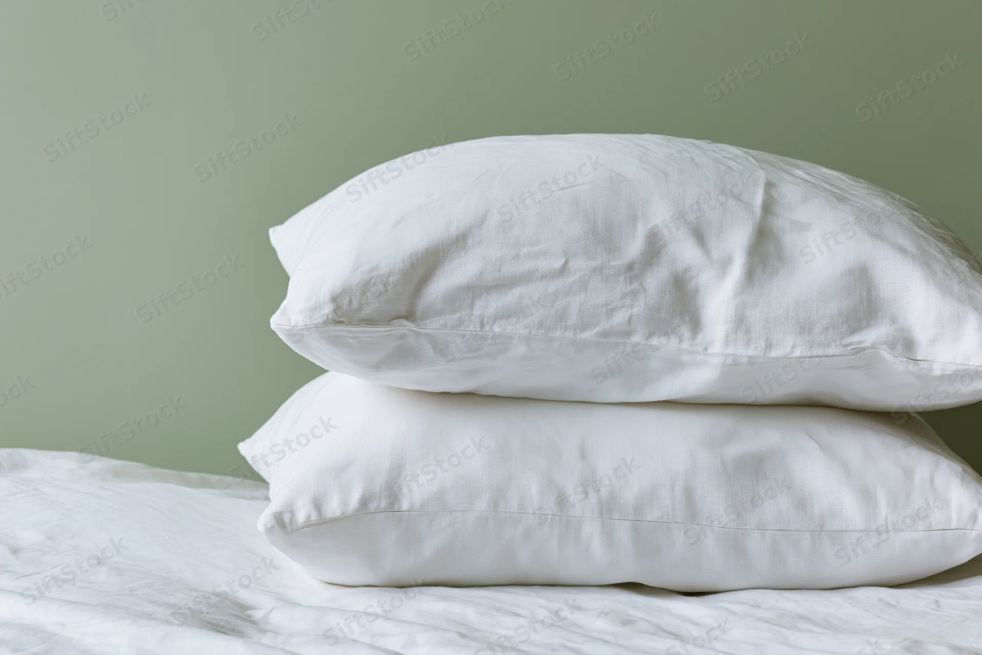 Two white linen pillows stacked on a made bed against a green wall