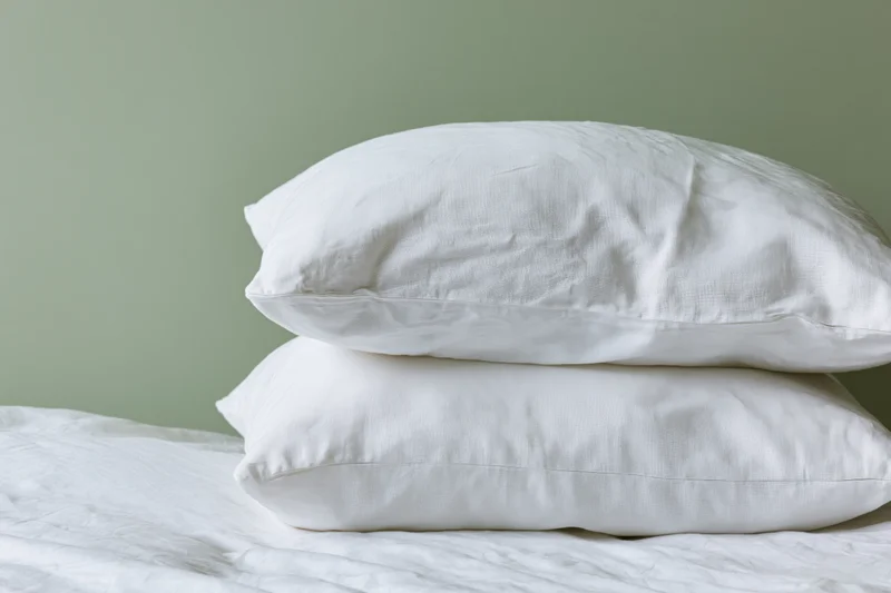 Two white linen pillows stacked on a made bed against a green wall