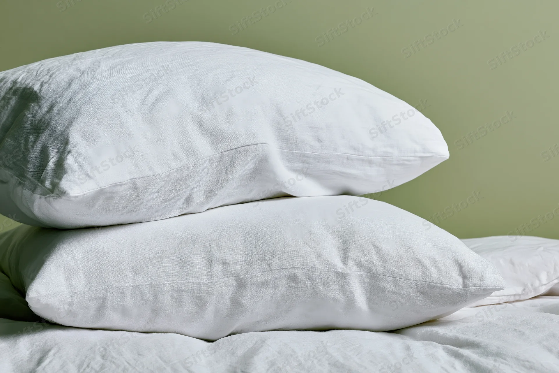 Two white linen pillows stacked on a made bed with crumpled sheets against a green wall