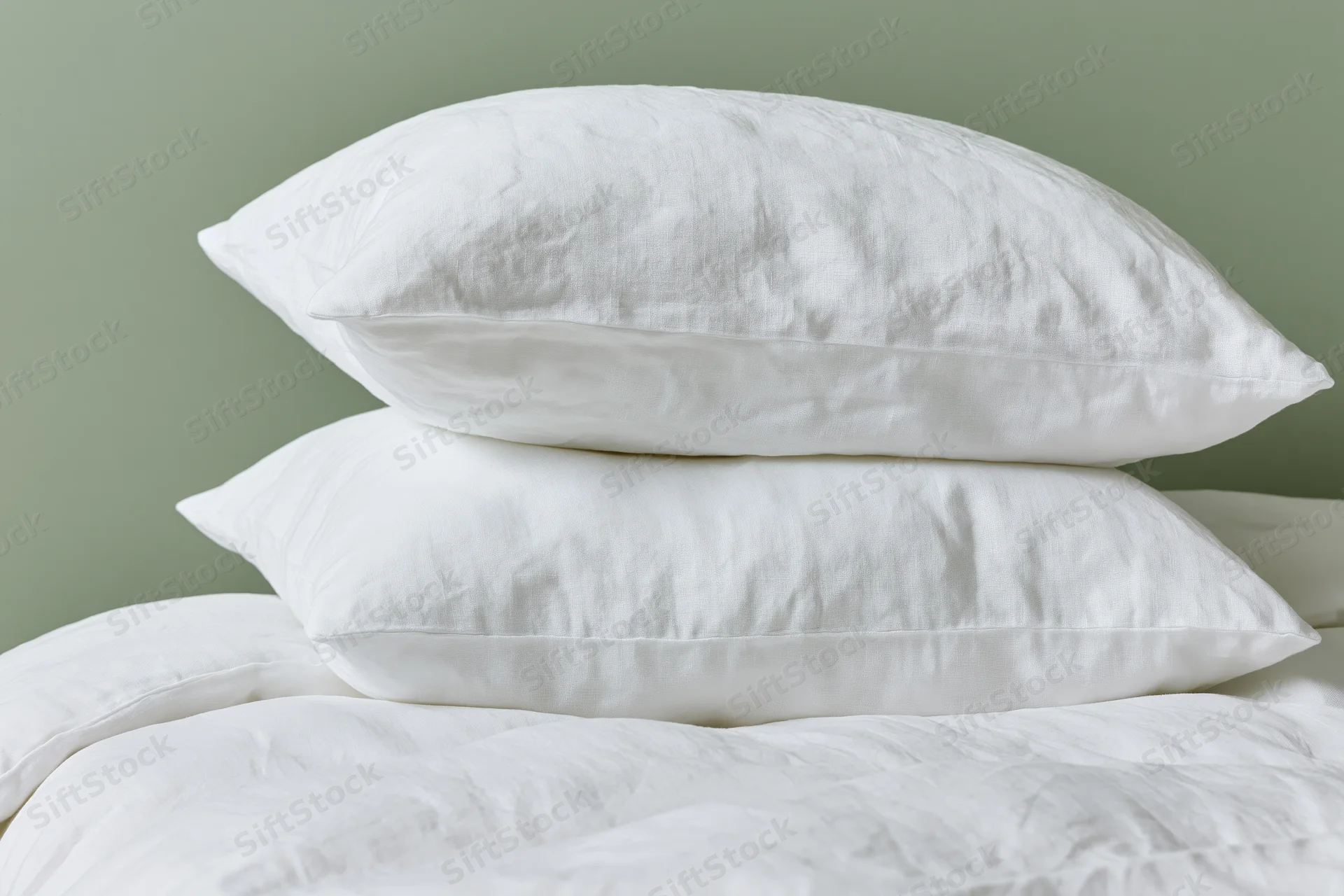 Two white linen pillows stacked on a made bed with white bedding against a green wall