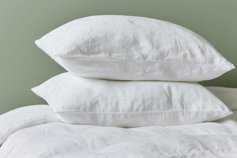 Two white linen pillows stacked on a made bed with white bedding against a green wall
