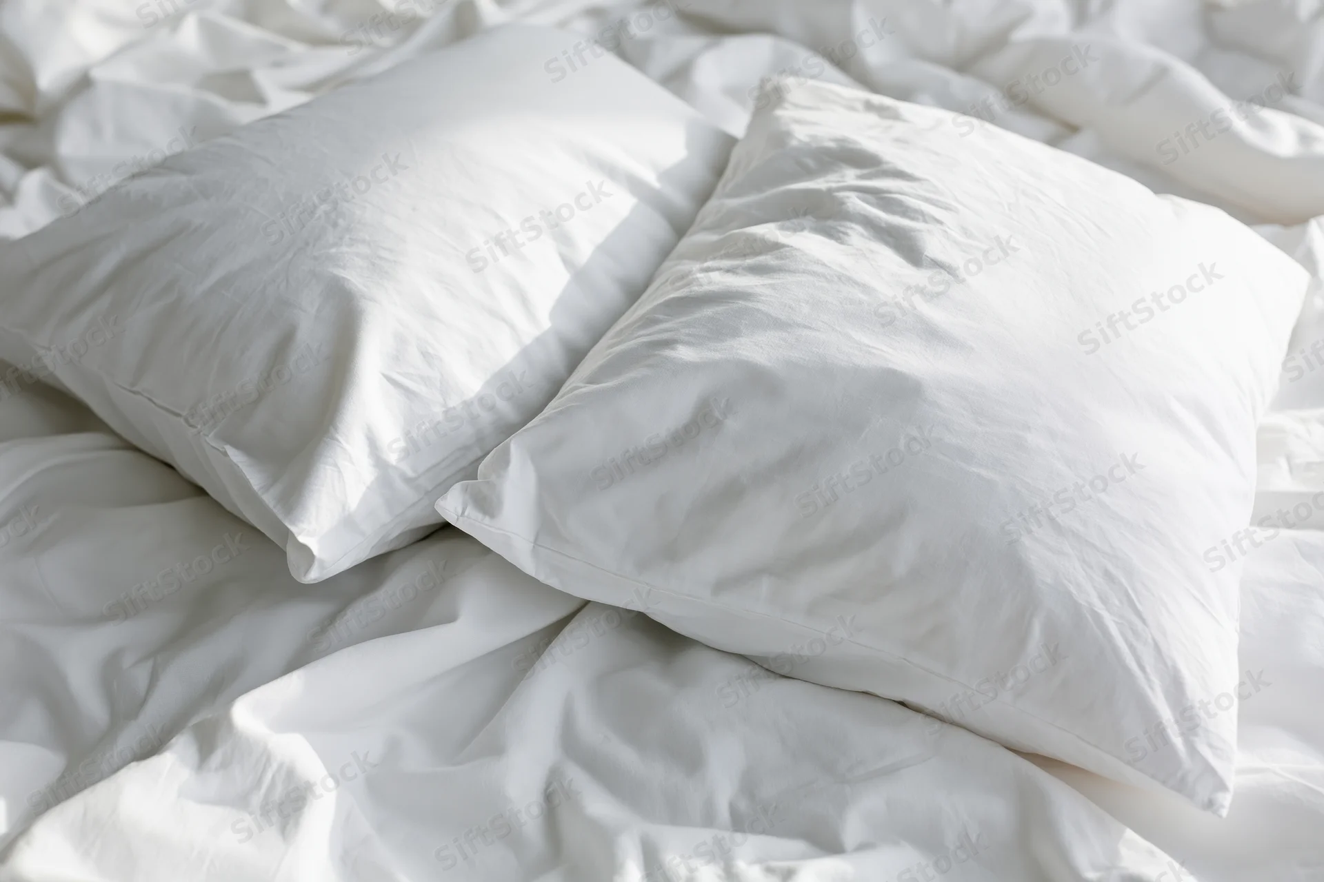 Two white pillows resting on an unmade bed with wrinkled white sheets