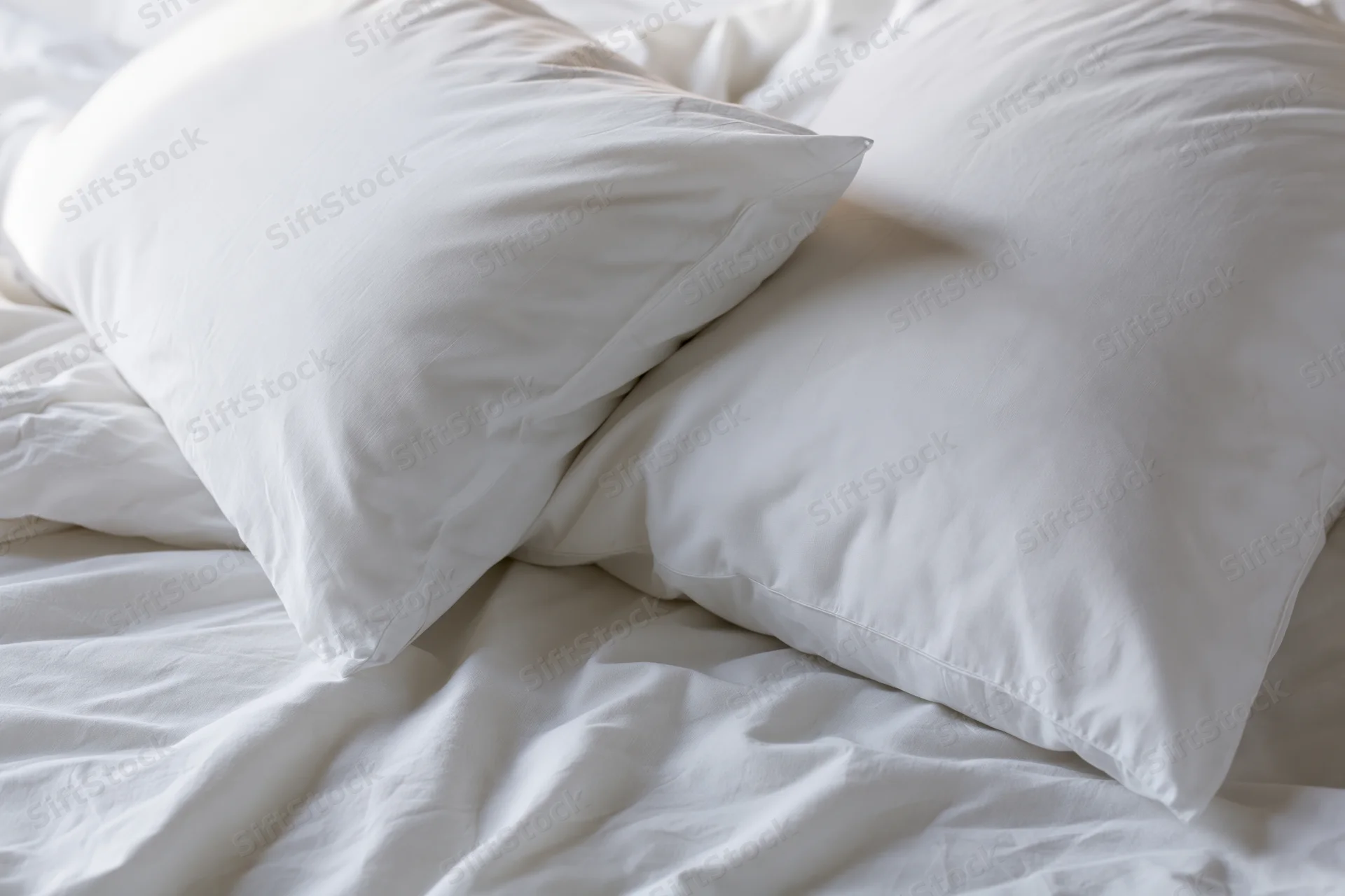 Two white pillows resting on an unmade bed with wrinkled white sheets
