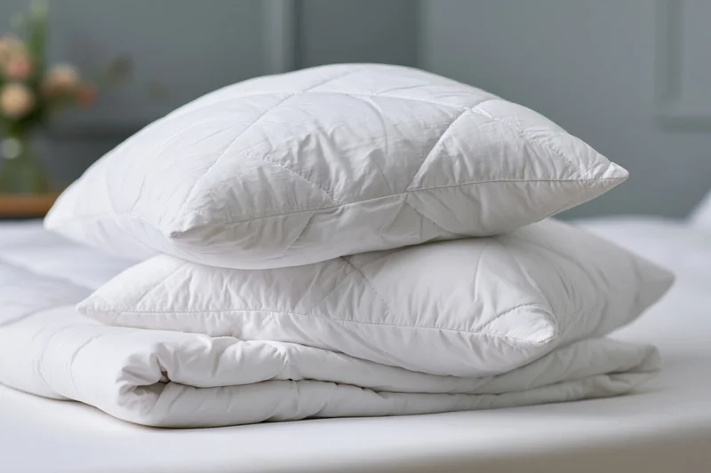 Two white quilted pillows stacked on a folded duvet on a bed