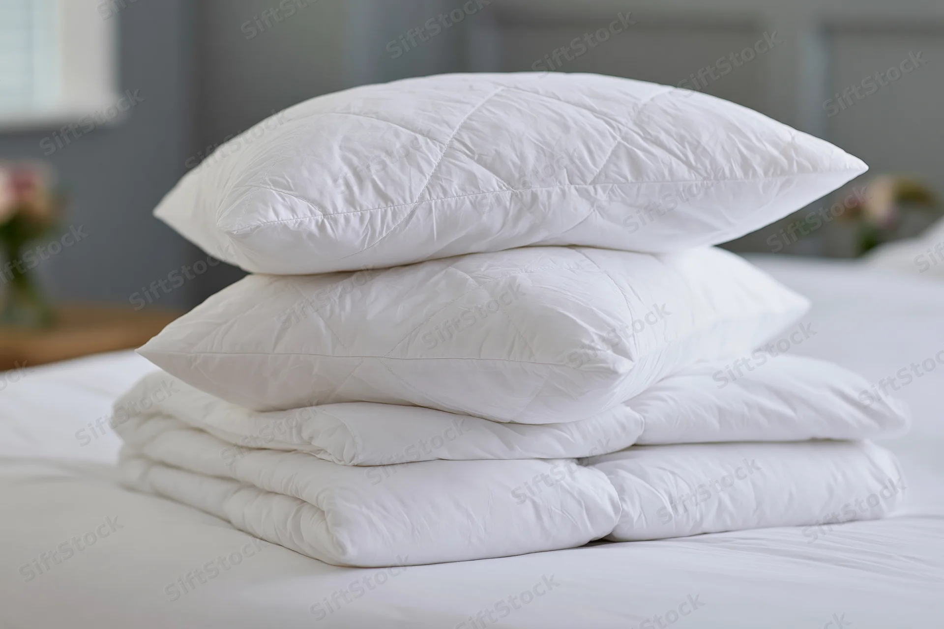 Stack of white quilted pillows and folded comforter on a bed in a bedroom