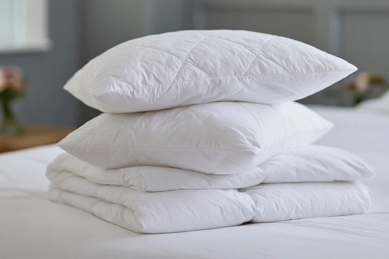 Stack of white quilted pillows and folded comforter on a bed in a bedroom