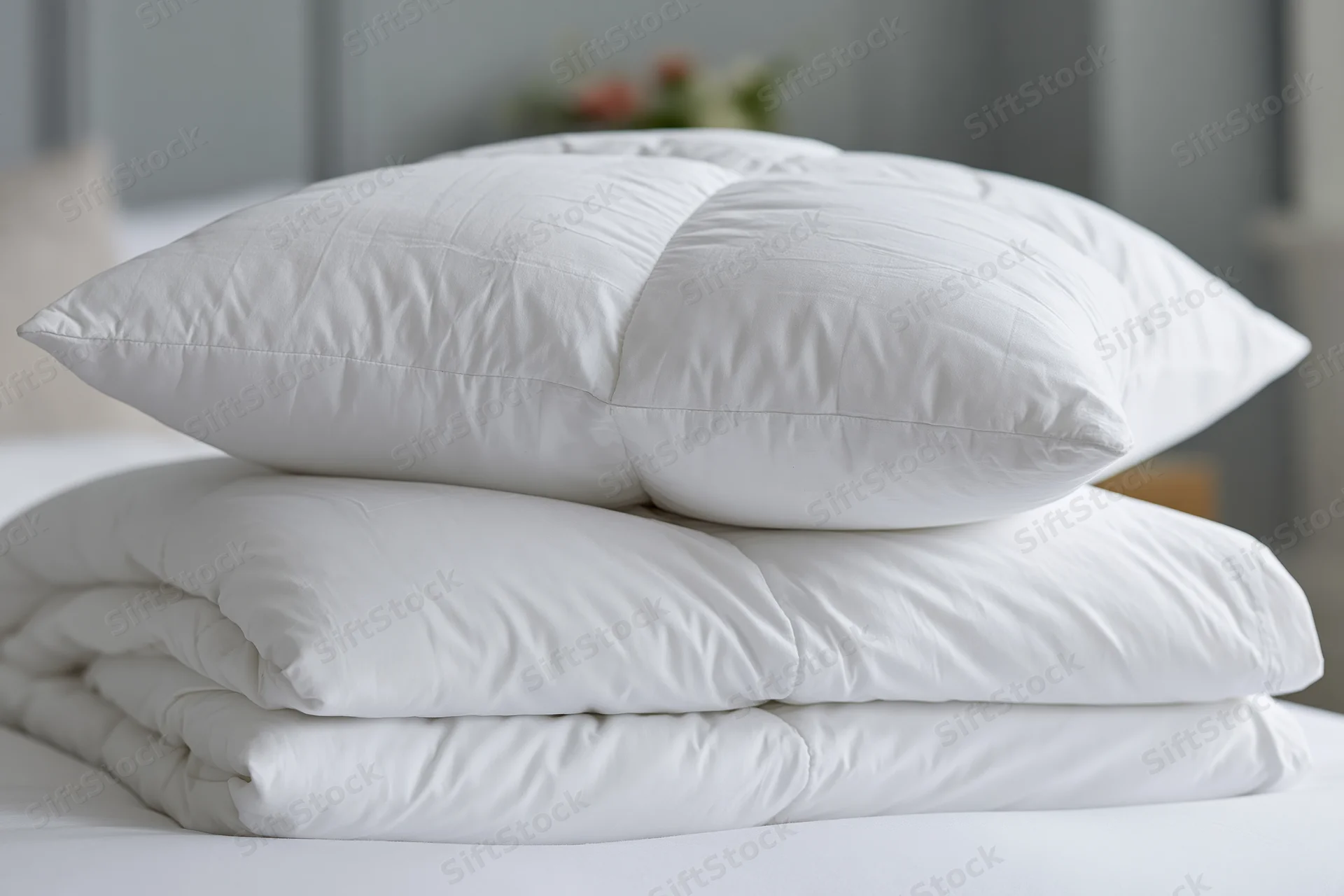 Two white quilted pillows stacked on a folded comforter on a bed