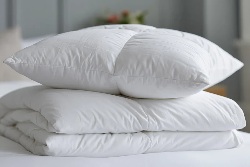 Two white quilted pillows stacked on a folded comforter on a bed