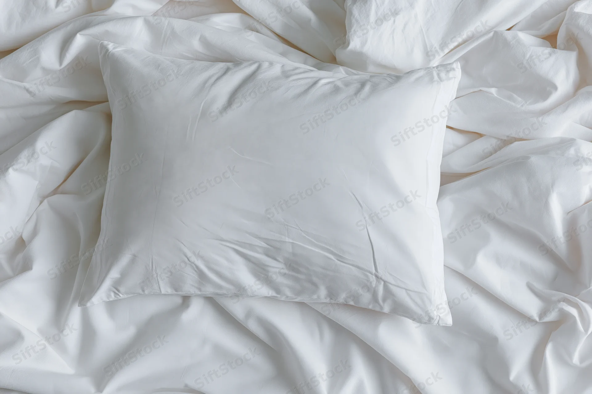 White pillow resting on crumpled white sheets in unmade bed
